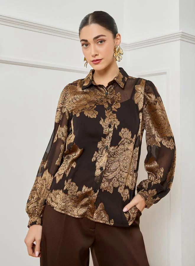 ستايلي بلوزة جاكار بطبعة زهور وأكمام طويلة أسود